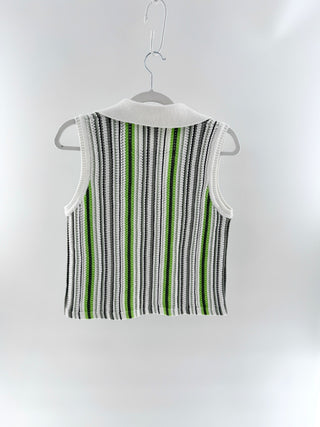 Akris Punto Cotton Striped Sleeveless Collared Knit Polo Sweater White Green S