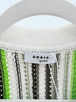 Akris Punto Cotton Striped Sleeveless Collared Knit Polo Sweater White Green S