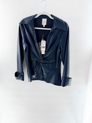 NWT Cinq a Sept McKenna Twisted Front Faux Leather Long Sleeve Blouse Navy M