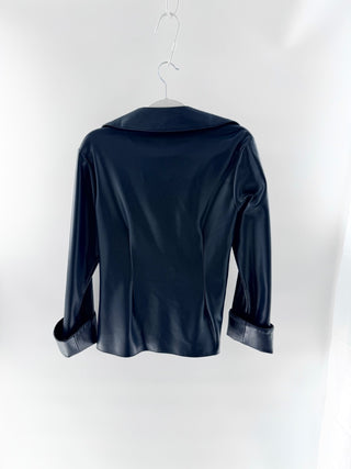 NWT Cinq a Sept McKenna Twisted Front Faux Leather Long Sleeve Blouse Navy M