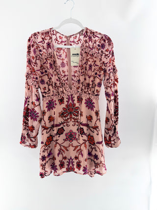For Love & Lemons mesh and velvet floral mini dress with ruffles, S