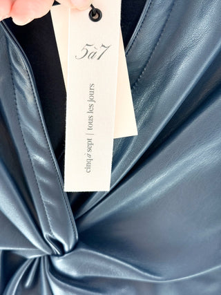 NWT Cinq a Sept McKenna Twisted Front Faux Leather Long Sleeve Blouse Navy M