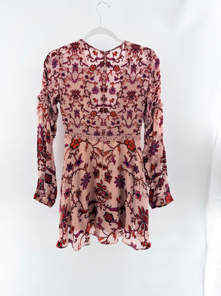 For Love & Lemons mesh and velvet floral mini dress with ruffles, S