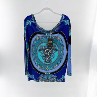 Versace Collection Printed Long Sleeve Scoop Neck Blouse Top Blue 42 IT / US 6