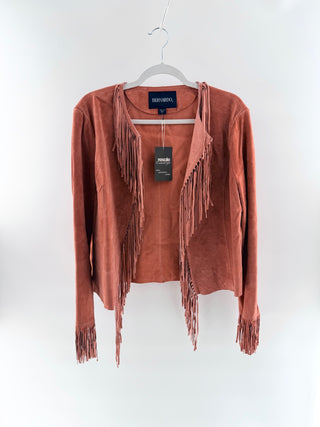 Bernardo Suede Long SLeeve Open Fringe Trim Jacket Vivid Pink Womens Size XL
