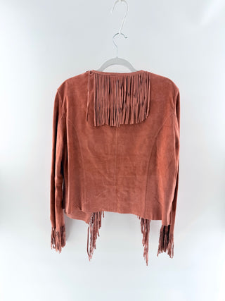 Bernardo Suede Long SLeeve Open Fringe Trim Jacket Vivid Pink Womens Size XL