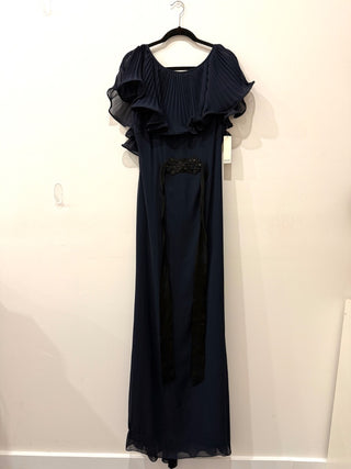 NWT Badgley Mischka Plisse Ruffle Embellished Maxi Formal Dress Navy Blue 14