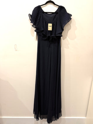NWT Badgley Mischka Plisse Ruffle Embellished Maxi Formal Dress Navy Blue 14