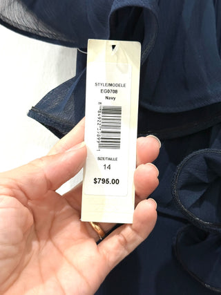 NWT Badgley Mischka Plisse Ruffle Embellished Maxi Formal Dress Navy Blue 14