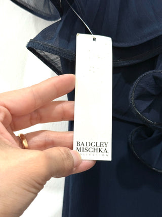 NWT Badgley Mischka Plisse Ruffle Embellished Maxi Formal Dress Navy Blue 14