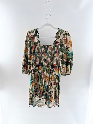 FARM Rio x Anthropologie Square-Neck Scallop-Trim Mini Dress Multi Women's M