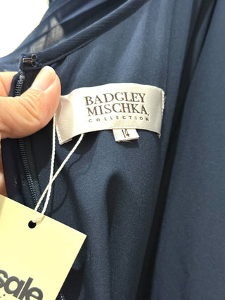 NWT Badgley Mischka Plisse Ruffle Embellished Maxi Formal Dress Navy Blue 14