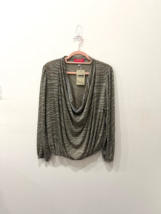 Vanita Rosa Viscose Zebra Print Semi Sheer Drape Cowl Neck Top Gray Women's M