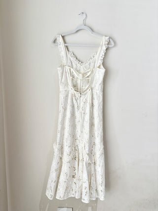 Rebecca Taylor Adriana Eyelet Ruffle Trim V-Neck A-Midi Dress White Women Size 0