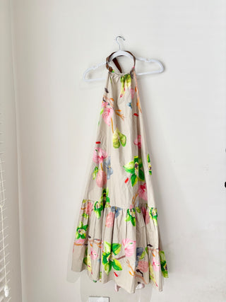 Tibi Linnea Floral Poplin Leather Halter Midi Swing Dress Hazelwood Women's 0