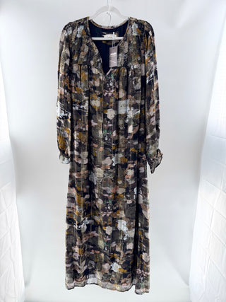 Anthropologie Blair Shimmer Abstract Long Sleeve Maxi Dress Brown Green Women XL