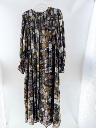 Anthropologie Blair Shimmer Abstract Long Sleeve Maxi Dress Brown Green Women XL