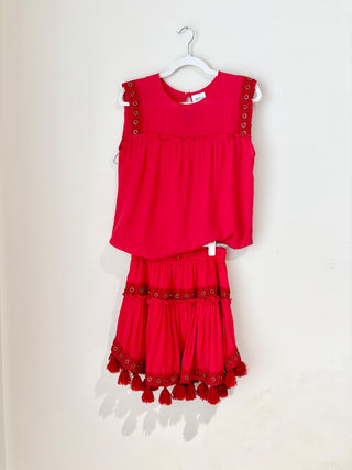 Misa red boho fringe set: skirt and top, XS