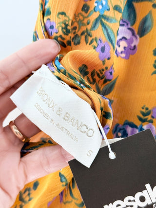 NWT Bronx & Banco Hanna Floral One Shoulder Ruffle Trim Maxi Dress Yellow Small