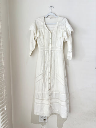 LoveShackFancy Kylen Victorian Lace Trim Maxi Dress White Women's Size US 0
