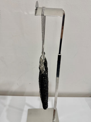 Vintage Clara Kasavina Metallic Crystal Beaded Chain Clutch Evening Bag Black