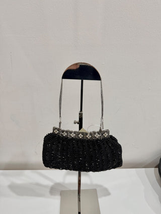 Vintage Clara Kasavina Metallic Crystal Beaded Chain Clutch Evening Bag Black