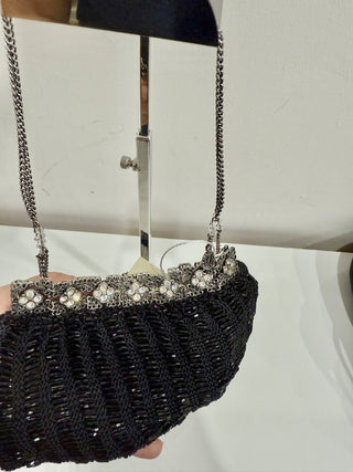 Vintage Clara Kasavina Metallic Crystal Beaded Chain Clutch Evening Bag Black