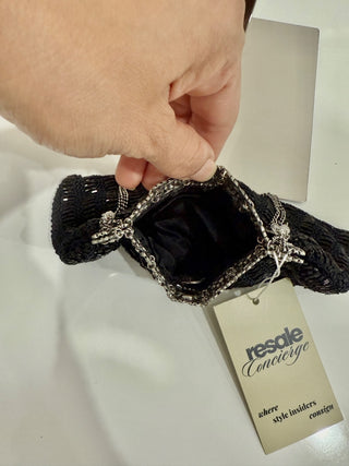 Vintage Clara Kasavina Metallic Crystal Beaded Chain Clutch Evening Bag Black