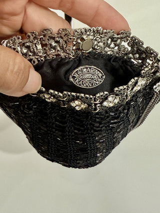 Vintage Clara Kasavina Metallic Crystal Beaded Chain Clutch Evening Bag Black