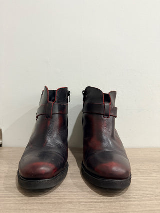 Bonne Aged Leather Block Heel Ankle Booties Burgundy Black Women's Size EU 40