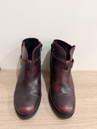 Bonne Aged Leather Block Heel Ankle Booties Burgundy Black Women's Size EU 40