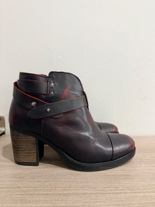 Bonne Aged Leather Block Heel Ankle Booties Burgundy Black Women's Size EU 40