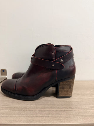 Bonne Aged Leather Block Heel Ankle Booties Burgundy Black Women's Size EU 40