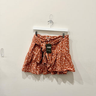 Eberjey Floral High Rise Tie Waist Boho Wrap Mini Skirt Burnt Brown/Cream Medium