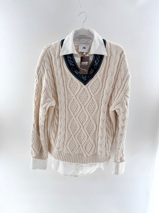 yllw The Label Signature Oxford Oversized Cable Knit Layered Sweater Cream Small