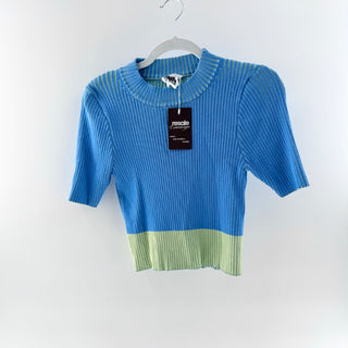 Bimba Y Lola Colorblock Short Sleeve Ribbed Knit Sweater Top Blue Green Large