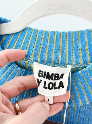 Bimba Y Lola Colorblock Short Sleeve Ribbed Knit Sweater Top Blue Green Large