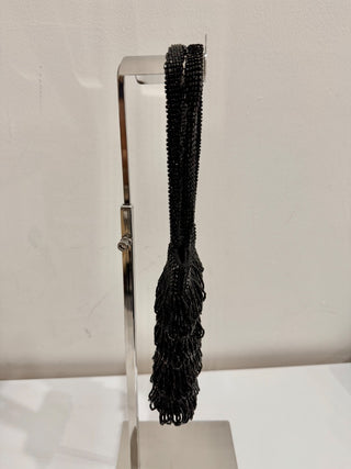 BEBE Fringe Crystal Beaded Evening Shoulder Bag Black Small