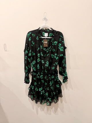 MISA Lolita Floral V-Neck Ruffle Trim Mini Dress Emerald Green/Black Women's L
