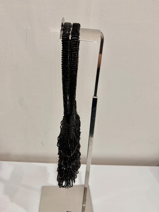 BEBE Fringe Crystal Beaded Evening Shoulder Bag Black Small