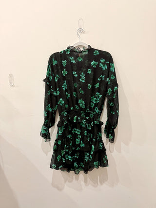 MISA Lolita Floral V-Neck Ruffle Trim Mini Dress Emerald Green/Black Women's L