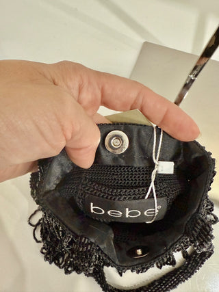 BEBE Fringe Crystal Beaded Evening Shoulder Bag Black Small