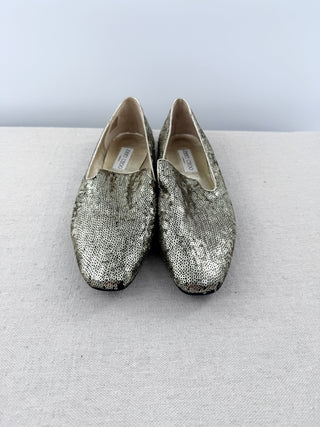 NWOT Jimmy Choo Embellished Sequin Slip On Flat Loafers Silver Women's EU 41