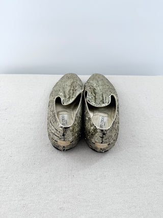 NWOT Jimmy Choo Embellished Sequin Slip On Flat Loafers Silver Women's EU 41