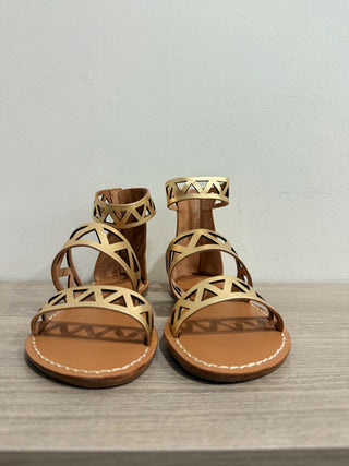 NWOT Soludos Geo Laser Cut Band Metallic Leather Flat Gladiator Sandal Gold US 5
