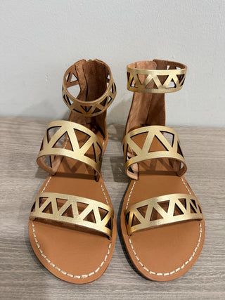 NWOT Soludos Geo Laser Cut Band Metallic Leather Flat Gladiator Sandal Gold US 5