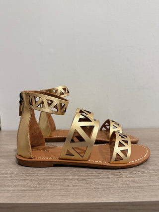 NWOT Soludos Geo Laser Cut Band Metallic Leather Flat Gladiator Sandal Gold US 5
