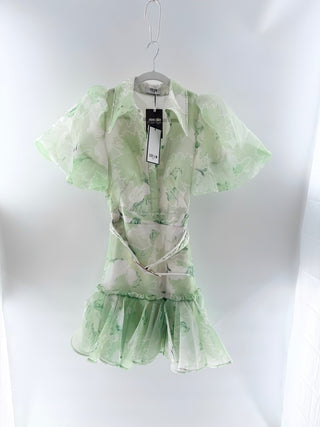 NWT Leo Lin Sophie Jasmine Bishop Sleeve Belted Mini Dress Green AUS 8 / US 4