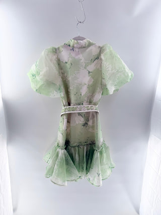 NWT Leo Lin Sophie Jasmine Bishop Sleeve Belted Mini Dress Green AUS 8 / US 4