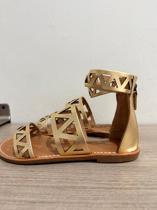 NWOT Soludos Geo Laser Cut Band Metallic Leather Flat Gladiator Sandal Gold US 5